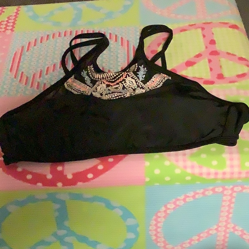 Island Sole bikini top sheer on top with crocheted part size Med blue pink white